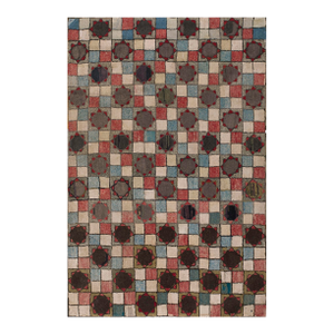 Extraordinary Multicolor Bakcground & Circles With Star Borders Geometric Pattern Antique American Hooked Rug