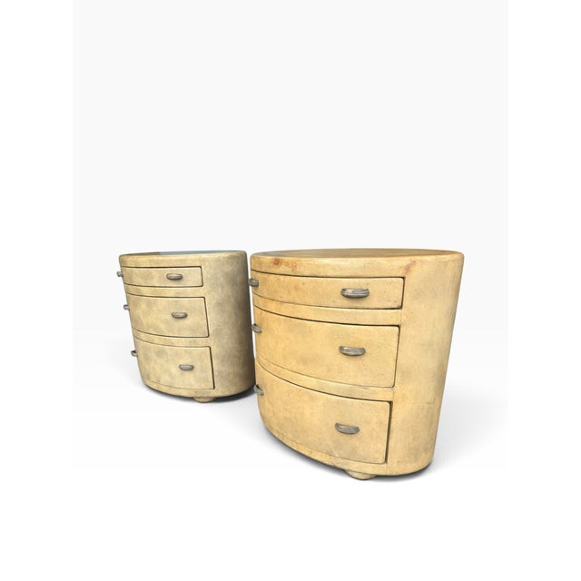 Wood 1994 Maitland-Smith Oval Mirage Leather Nightstands, Pair For Sale - Image 7 of 17