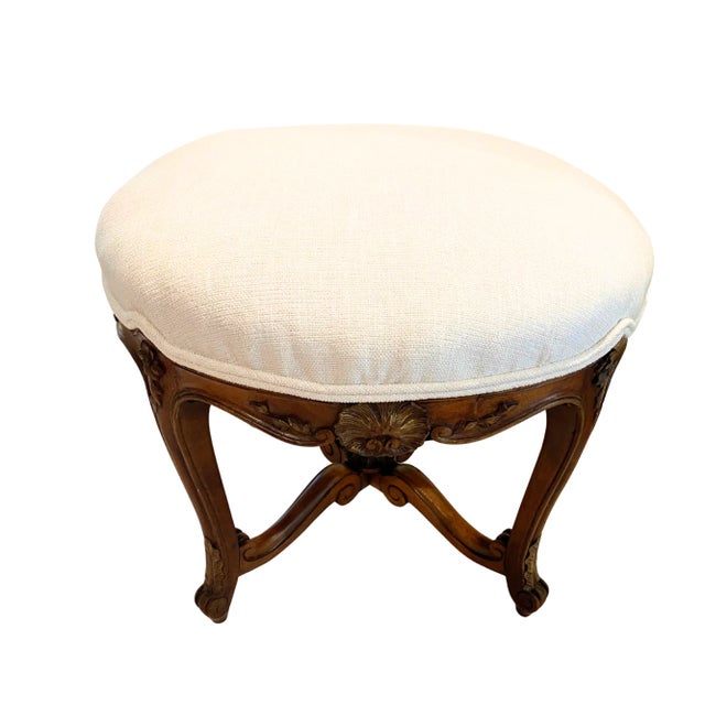 Early 19th Century French Louis XV Carved Walnut Tabouret (Stool) – Original Frame and Upholstery Construction, Updated in White Performance Fabric For Sale - Image 9 of 18