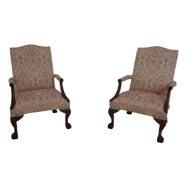 Pair Chippendale Paw Feet Newly Upholstered Armchairs For Sale