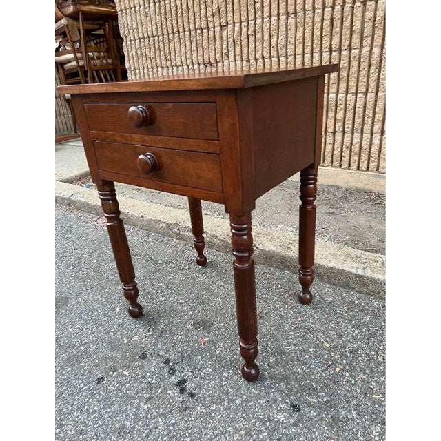 19th Century Antique 2 Drawer Side Table. Turned legs and feet. Well made, sturdy. dovetail joint construction Finished...