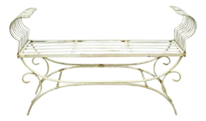 Mid 20th Century Vintage Hollywood Regency White Wrought Iron Curule X Frame Window Bench