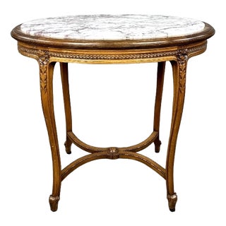 19th Century Louis XVI Oval Pedestal Table in Carved Wood and Marble, 1890s For Sale