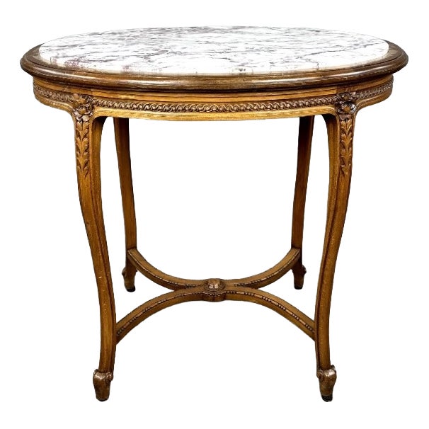 19th Century Louis XVI Oval Pedestal Table in Carved Wood and Marble, 1890s For Sale
