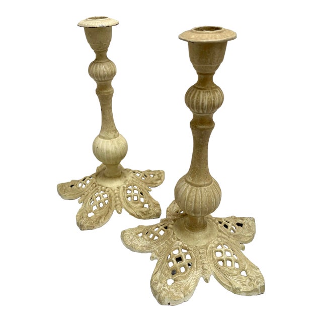 Vintage Creamy Toned Iron Candleholders - A Pair For Sale