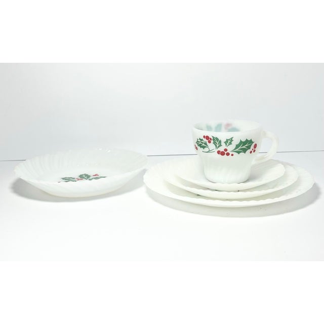 1970s Vintage 40-Piece Milk Glass Dinnerware Set Service 8 Holly Christmas For Sale - Image 4 of 7