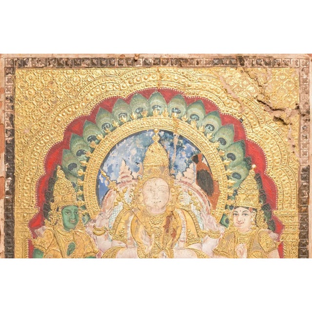 19th C Indian Thanjavur Tanjore Painting Gold Gilt Murugan on His Peacock Antique Multimedia Collage South India For Sale - Image 4 of 16