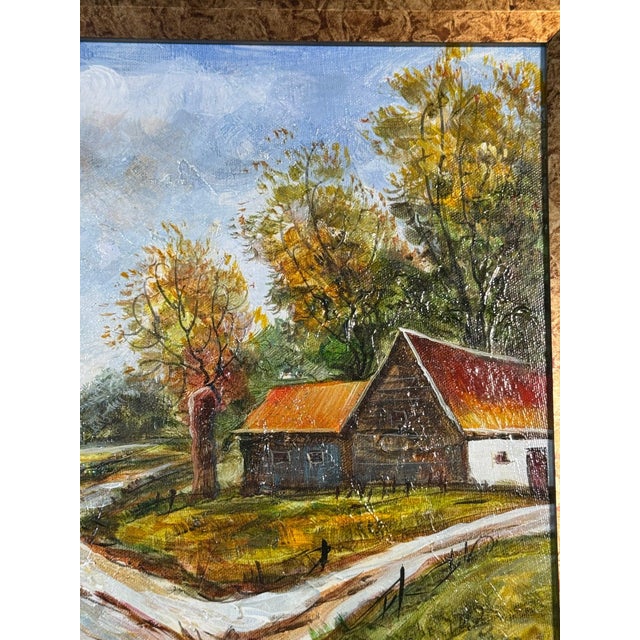 Realism Original Oil on Canvas Autumn Landscape With Red-Roofed Barn, Gilt Frame For Sale - Image 3 of 6
