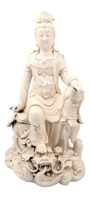 Late 19th Century Chinese DeHua Porcelain Seated Kuan Yin and Dragon Transfiguration
