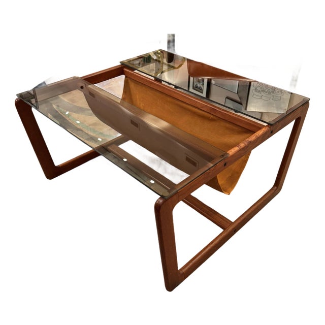 Vintage Lou Hodges Style Teak and Smoked Glass Coffee Table With Magazine Holder For Sale