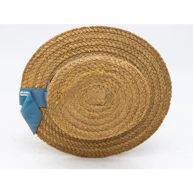 1930s Vintage Natural Straw Pale Blue Ribbon Bow Boater Hat, the Ridgemont Make, 1930s For Sale - Image 5 of 6