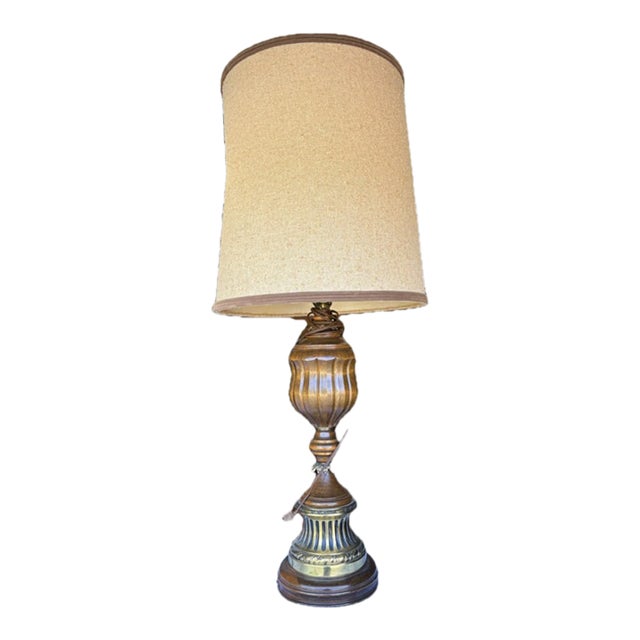 Vintage Brass Wood Table Lamp - Heavy Quality Construction For Sale