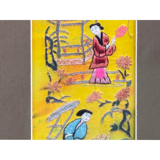 Wood Vintage Yellow Scenery Embroidered Rectangular Framed Wall Art D For Sale - Image 7 of 13