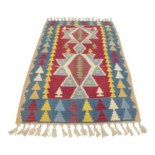 1980s Traditional Blue Red Geometric Kilim For Sale