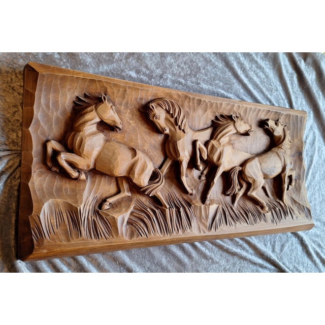 Hand-Carved Wall Panel Horses in Maple Wood from G. Passens, 1970s, in Very Good conditions. Designed 1970 to 1979 This...