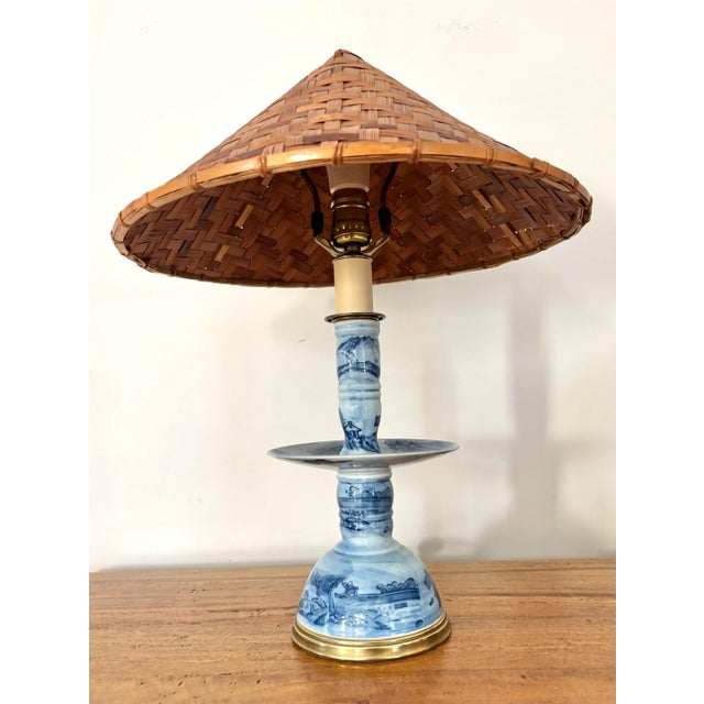 Japanese Rewired 1950s Japanese Porcelain Candelabra Table Lamp With Wicker Shade For Sale - Image 3 of 8