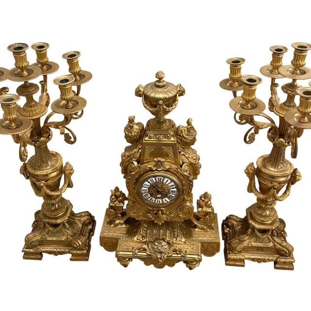 Large 19th Century French Doré Bronze Clock Garniture Marked Jules Graux, Paris. For Sale - Image 12 of 16