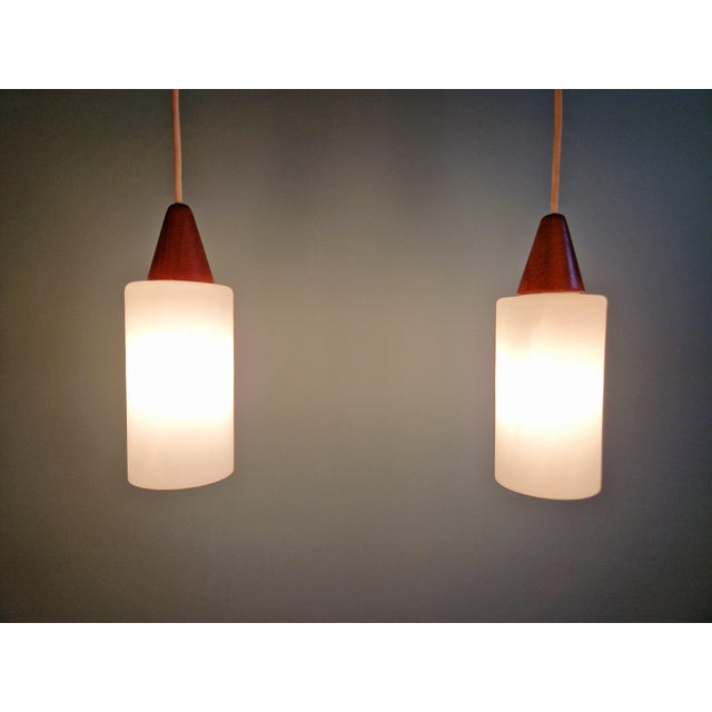 Large Scandinavian Chandelier in Teak and Satin White Opaline Glass, 1960s For Sale - Image 11 of 17
