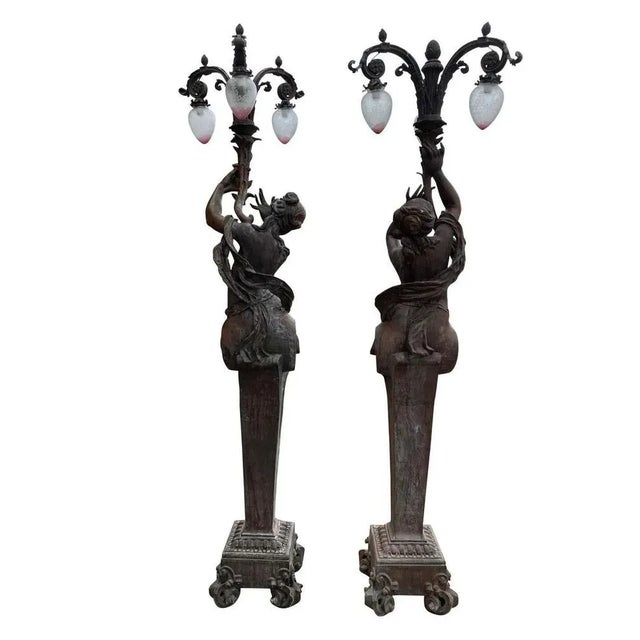 Large Bronze Torchère Figurative Lamps, 1920s, Set of 2 For Sale - Image 9 of 16
