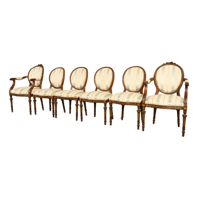 Karges Style French Regency Louis XVI Carved Mahogany and Gold Gilt Dining Chairs, Set of Six For Sale