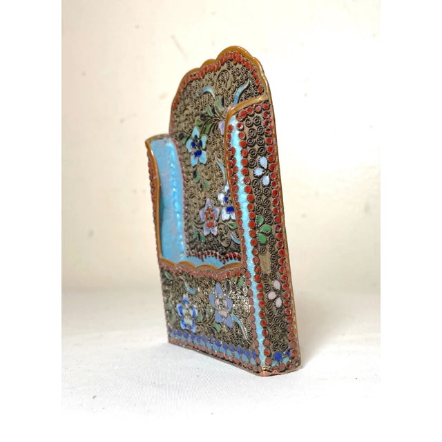 Rustic Rare Antique 1800's Handmade Russian Enamel Bronze Champleve Card Stand Holder For Sale - Image 3 of 11