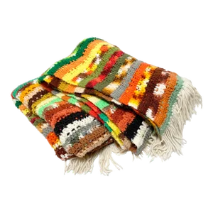 1970's Retro Hand Knit Multi-Colored Blanket Throw