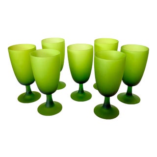 1960s Carlo Moretti Italy Satinato Frosted Green Wine Water Glasses - Set of 7 For Sale