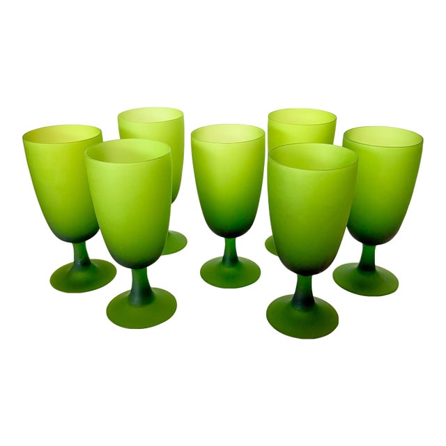 1960s Carlo Moretti Italy Satinato Frosted Green Wine Water Glasses - Set of 7 For Sale