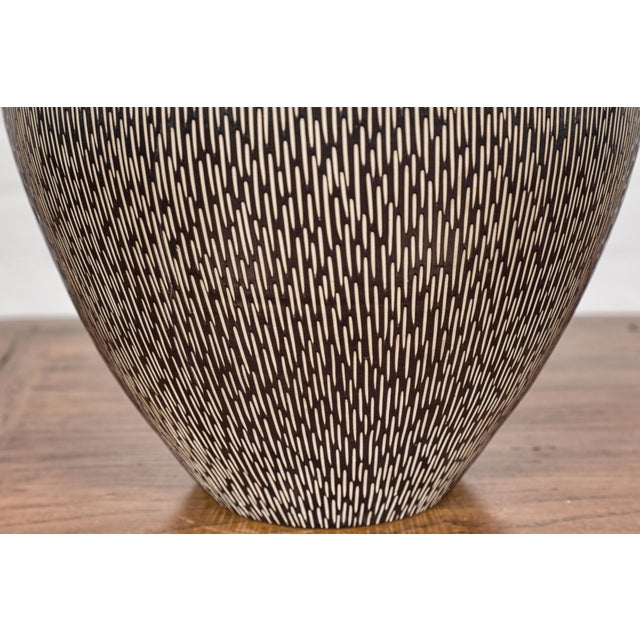 Artisan Handmade Brown Glazed Ceramic Vase with Textured Cream Stokes For Sale - Image 12 of 12