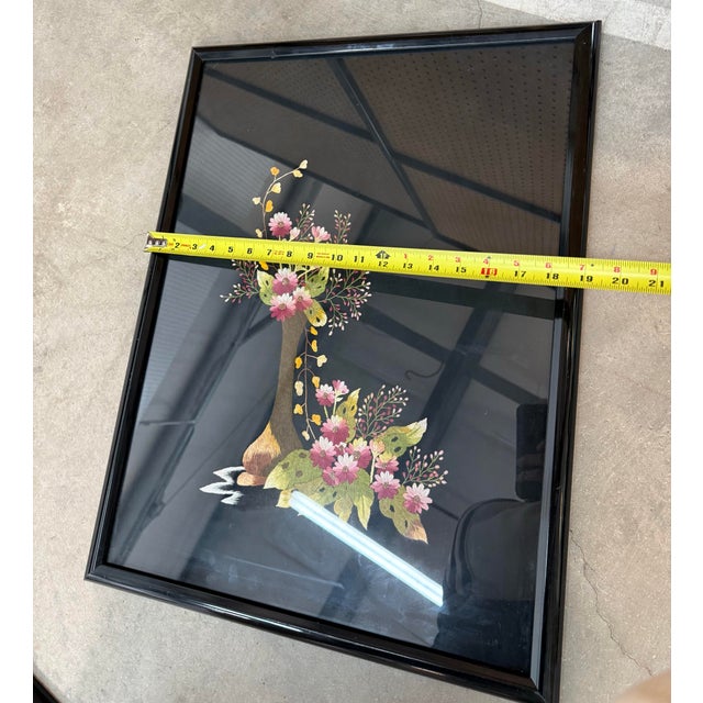 1960s Vintage Asian Needlepoint on Black Silk Hand Made Floral Art Framed 25x19 For Sale - Image 5 of 5