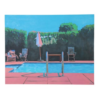 Poolside Painting Signed Tollpin, 1990, Oil on Canvas For Sale