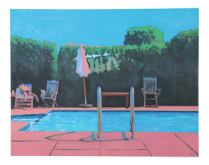 Poolside Painting Signed Tollpin, 1990, Oil on Canvas
