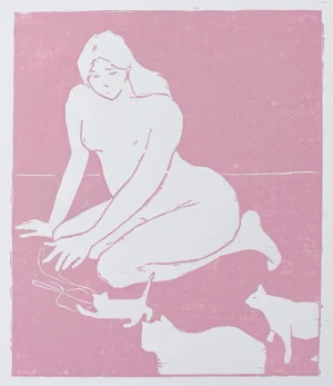 Original Modern Minimalist Woodblock Print "Cat Lady" by Michelle Farro