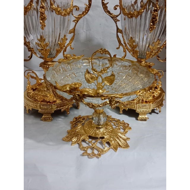 Rococo French Rococo Gold Plated Crystal Urn & Centerpiece Set - Gilt Bronze Baroque Decorative 3 Piece For Sale - Image 3 of 6