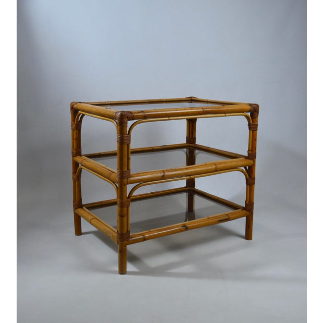 Vintage Bamboo and Smoked Glass Three-Tier Side Table, 1970s For Sale - Image 8 of 11