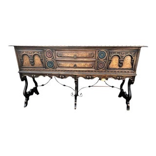 Antique Berkey & Gay Grand Rapids 72” ‘Span-Umbrian' Walnut, Burlwood and Polychrome Credenza or Buffet - Circa 1917 For Sale
