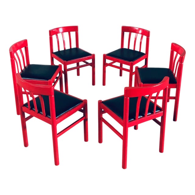 Mid-Century Modern Design Red Dining Chair Set, Belgium, 1960s, Set of 6 For Sale