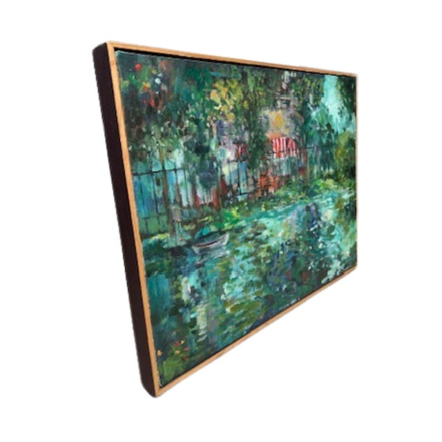 Nautical Vintage Framed Impressionist Painting of Garden Pond With Rowboat, Signed "Spehar," For Sale - Image 3 of 14
