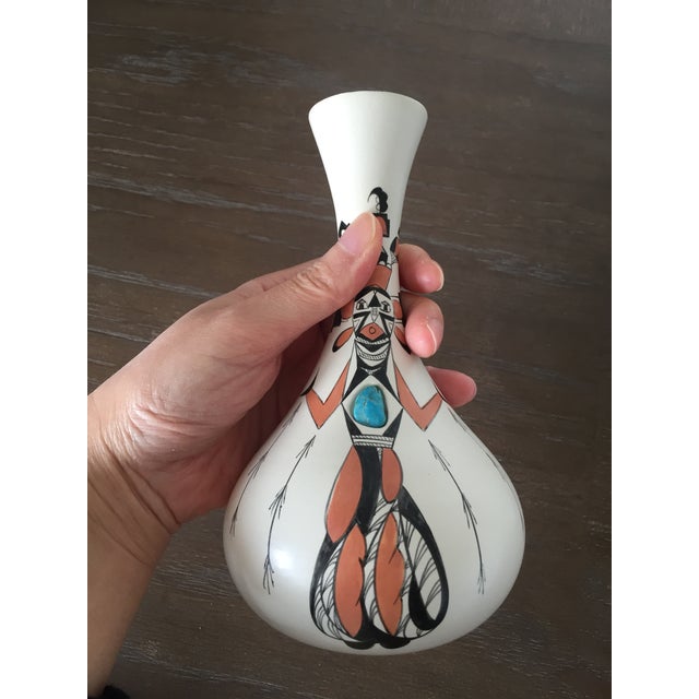 Ivory Hand Painted Corn Maiden Pottery Vase With Turquoise Stone Inlay For Sale - Image 8 of 13
