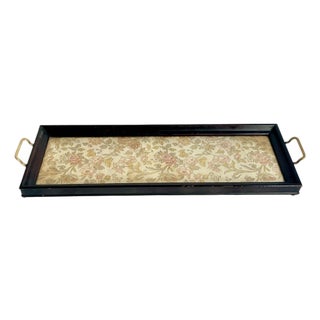 Antique English Glass Top Wood Tray With Brass Handles and Brocade Fabric For Sale
