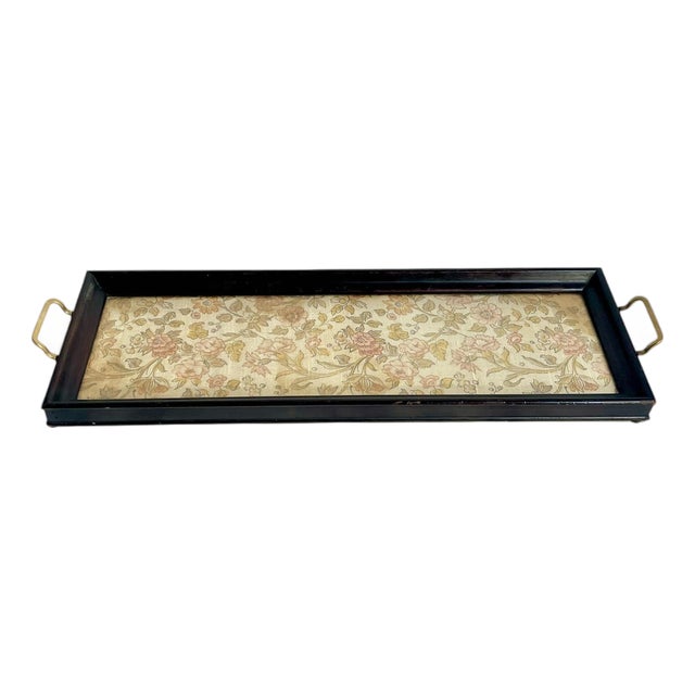 Antique English Glass Top Wood Tray With Brass Handles and Brocade Fabric For Sale