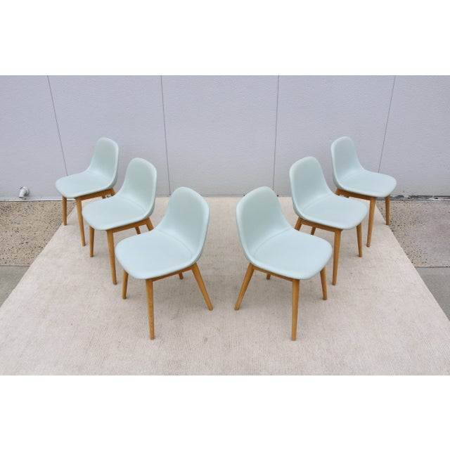 Baby Blue Danish Iskos-Berlin for Muuto Blue Leather Fiber Side Chairs Wood Base, Set of 6 For Sale - Image 8 of 18