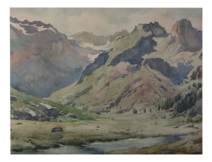 Lluís Lleó Arnau, Mountain Landscape with Alpine Stream, Watercolor