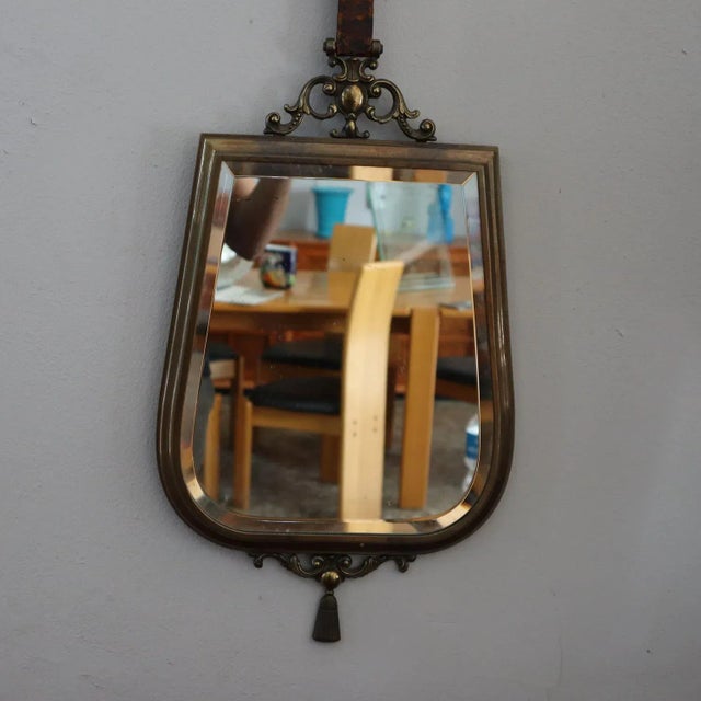 Vintage Italian Brass Mirror with Leather Rope, 1950s For Sale - Image 6 of 8
