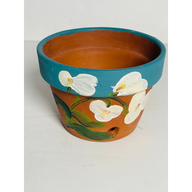 Vintage Handpainted Terracotta Pot Painted With Orchids and Signed For Sale - Image 4 of 4