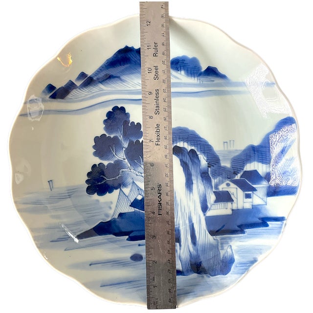 Blue Mid 20th Century Japanese Arita Blue & White Landscape Plate, 12” Diameter — Ming Dynasty Style For Sale - Image 8 of 9