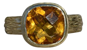 The Bruceton: Ladies Signed 14K Gold Checkerboard Citrine Cocktail Ring