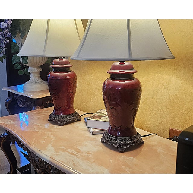 Vintage Sang De Boeuf Red Chinoiserie Ginger Jar Table Lamps - Pair For Sale - Image 16 of 18