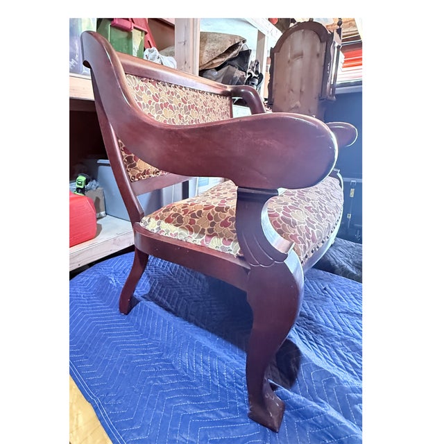 Antique Mahogany Settee**Carved Arms, Legs, Upholstered in Premium Fabric For Sale - Image 4 of 4