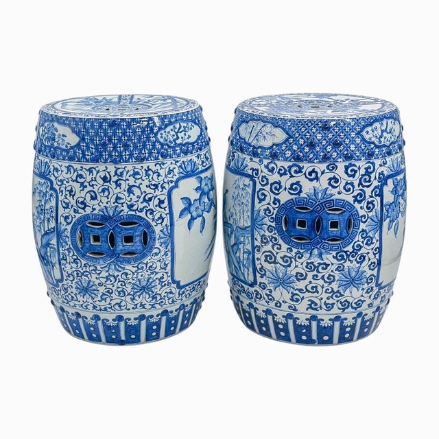 Late 20th Century Late 20th Century Pair of Blue and White Chinoiserie Porcelain Garden Stools For Sale - Image 5 of 14